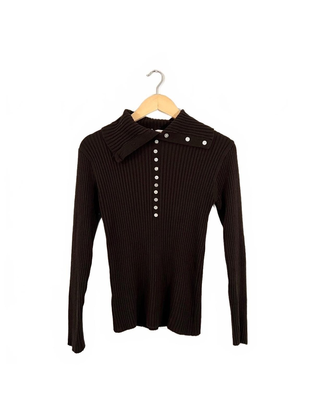 Vintage 1970’s Brown Fold Over Button Collar Ribbed Knit Sweater